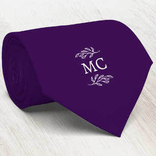 Monogram Initial Crest Botanical Leaf Dark Purple Tie