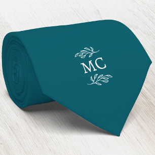 Monogram Initial Crest Botanical Leaf Teal Green Tie