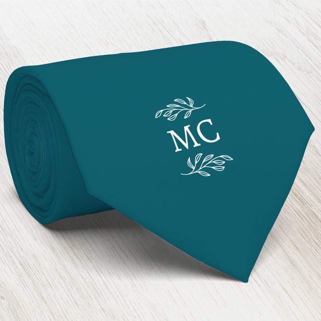 Monogram Initial Crest Botanical Leaf Teal Green Tie (Simple botanical leaf monogram initials personalized crest neck tie)