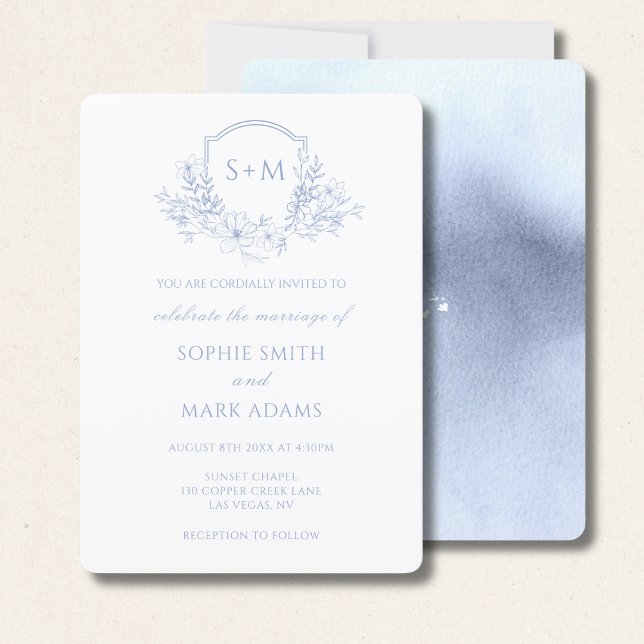 Monogram Initial Crest Dusty Blue Floral Wedding Invitation (Creator Uploaded)