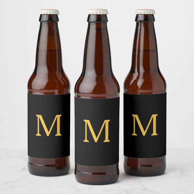 Monogram Initial Custom Name Gold Black Trendy Beer Bottle Label (Bottles)