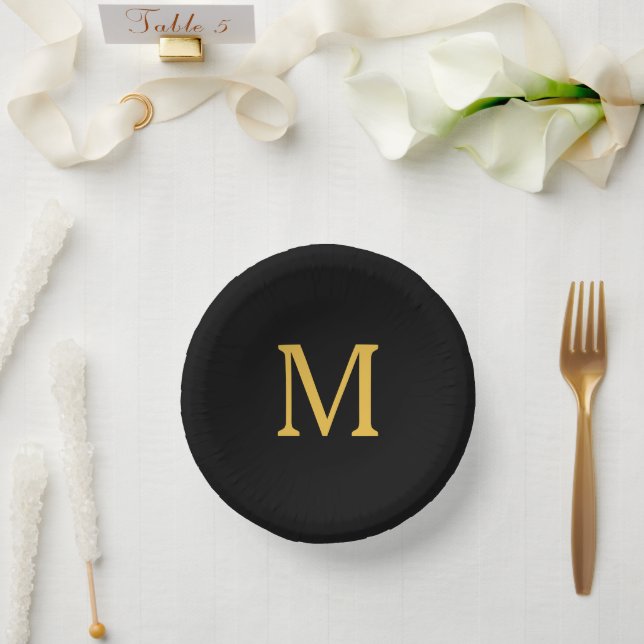 Monogram Initial Custom Name Gold Golden Black Paper Plate (Wedding)