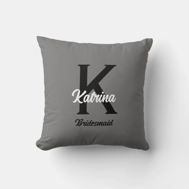 Monogram Initial Custom Name Grey Bridesmaid Gift Cushion (Front)