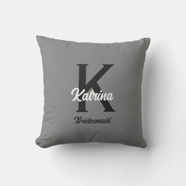 Monogram Initial Custom Name Grey Bridesmaid Gift Cushion (Front)