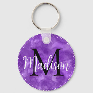 Monogram Initial  Custom Name Purple Watercolor Key Ring