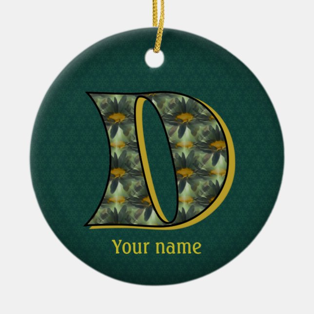 Monogram Initial D Daisies Flower Art Personalized Ceramic Ornament (Front)