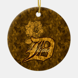 Monogram Initial D Elegant Gold Peony Personalised Ceramic Ornament
