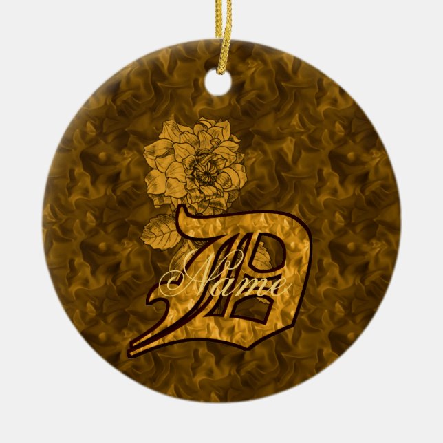 Monogram Initial D Elegant Gold Peony Personalised Ceramic Ornament (Front)