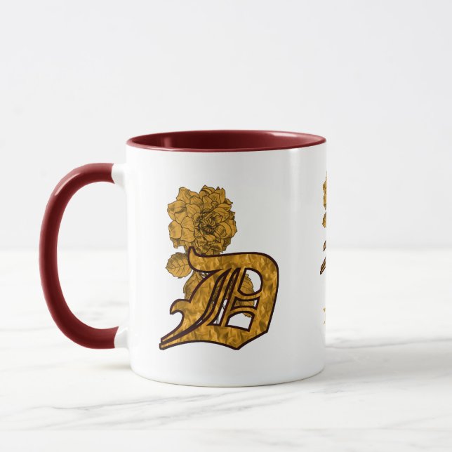 Monogram Initial D Elegant Gold Peony Personalised Mug (Left)