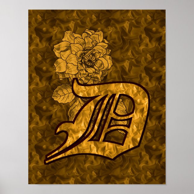 Monogram Initial D Gold Peony Floral Poster (Front)