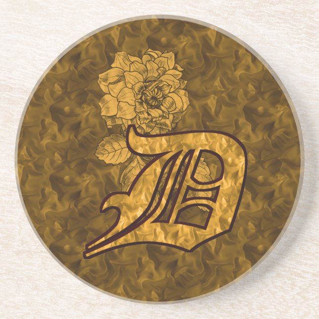 Monogram Initial D Gold Peony Flower Coaster (Front)