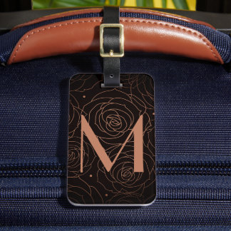 Monogram Initial Dark Floral Golden Salmon Luggage Tag