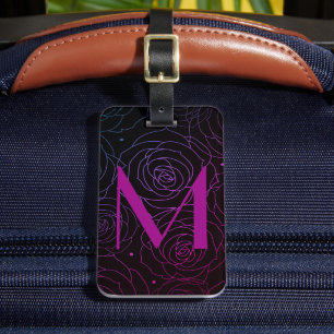 Monogram Initial Dark Floral Rose Magenta Purple Luggage Tag