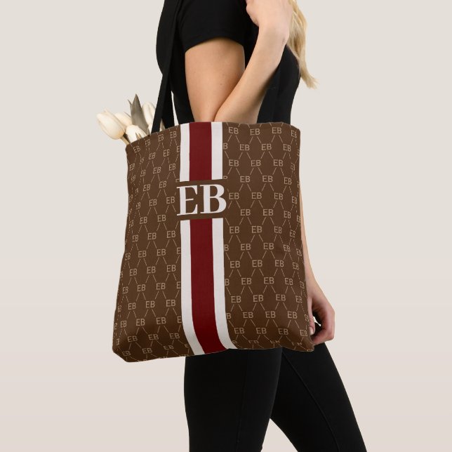 Monogram Initial Designer Pattern w/ Stripe Brown Tote Bag (Close Up)