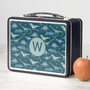 Monogram Initial Dinosaur Pattern Metal Lunch Box