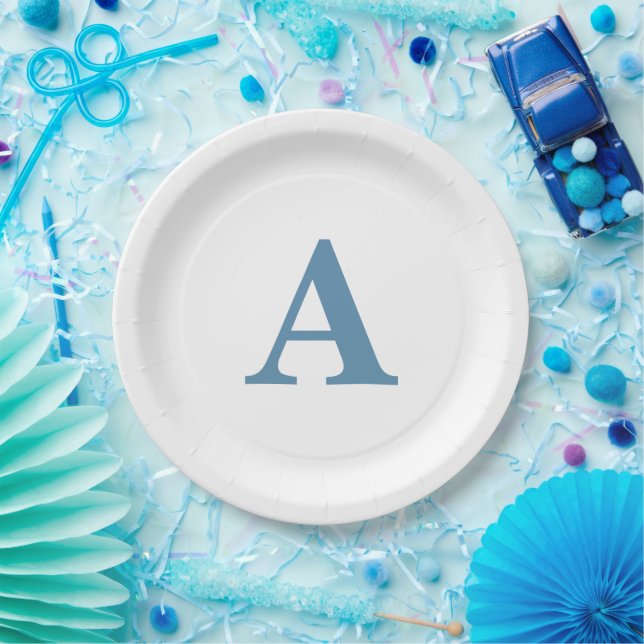 Monogram Initial Dusty Blue Elegant Custom Name Paper Plate (Party)