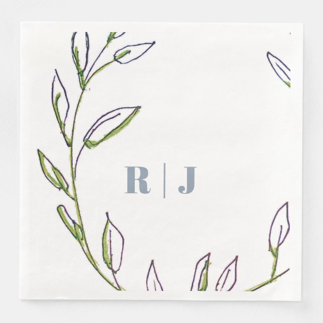 Monogram Initial Dusty Blue Green Leaf Art Wedding Napkin (Front)