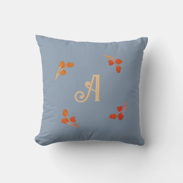 Monogram Initial Dusty Blue Retro Red Orange Berry Cushion (Front)