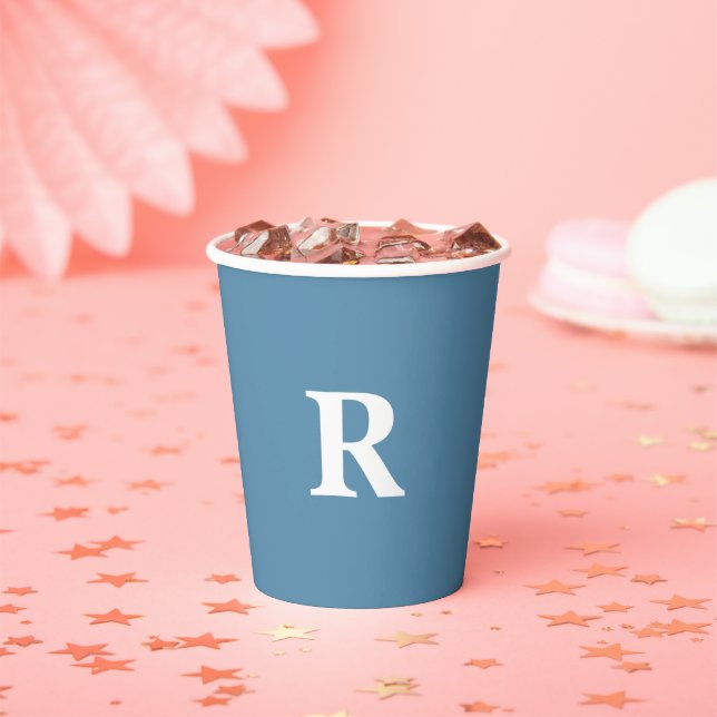 Monogram Initial Dusty Blue White Custom Colours Paper Cups (Insitu)