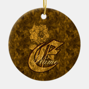 Monogram Initial E Elegant Gold Peony Personalised Ceramic Ornament