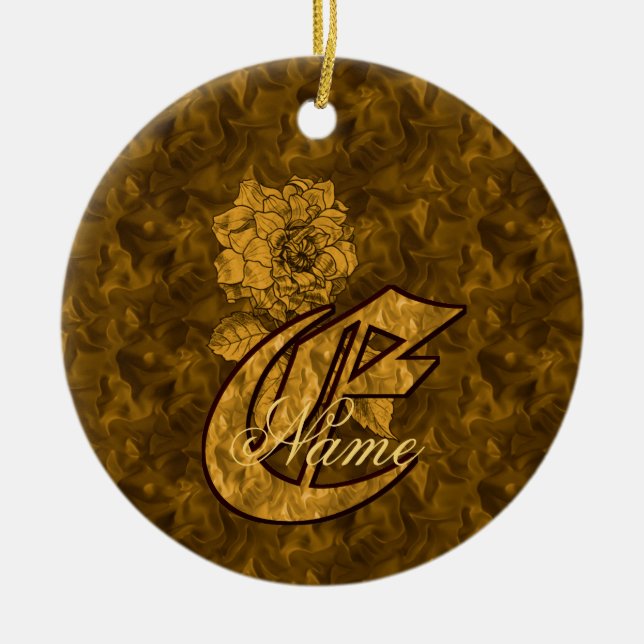 Monogram Initial E Elegant Gold Peony Personalised Ceramic Ornament (Front)