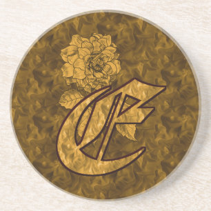Monogram Initial E Gold Peony Flower Coaster