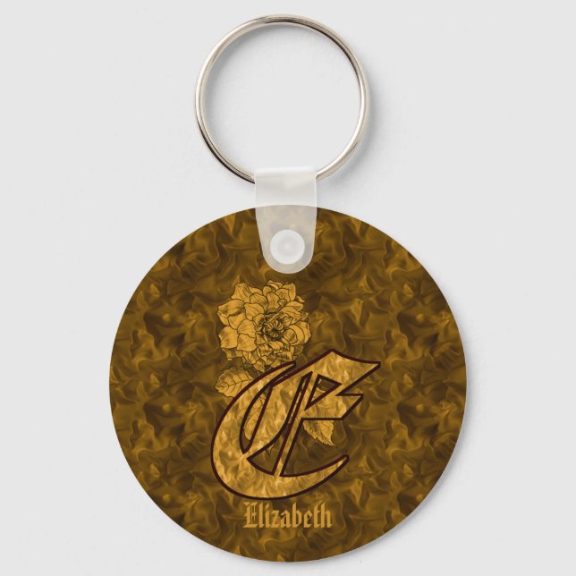 Monogram Initial E Gold Peony Personalized  Key Ring (Front)