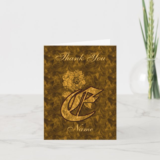 Monogram Initial E Gold Satin Peony Personalised Thank You Card (Front)
