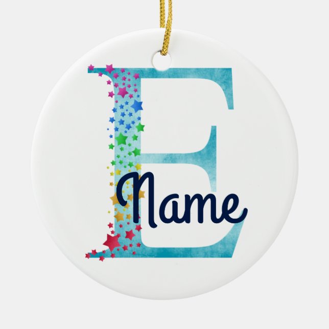 Monogram Initial E Rainbow Star design Ceramic Ornament (Front)