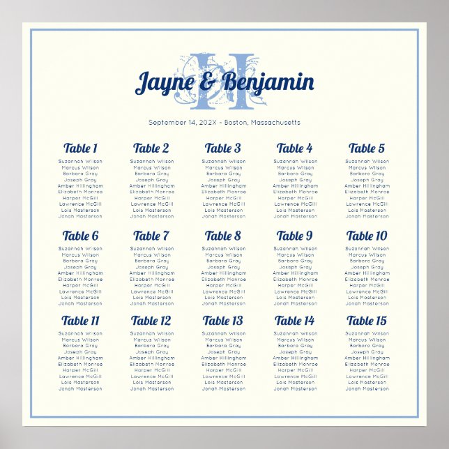 Monogram Initial Ecru Wedding Seating chart poster (Front)
