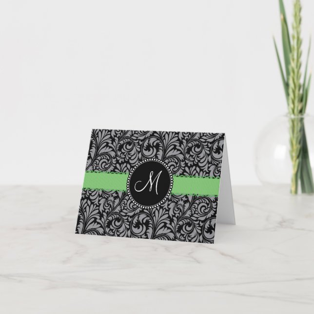 Monogram Initial Elegant Black Damask Green Ribbon Note Card (Front)