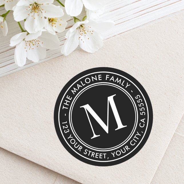Monogram initial elegant black return address classic round sticker (Monogram initial elegant black return address classic round sticker)