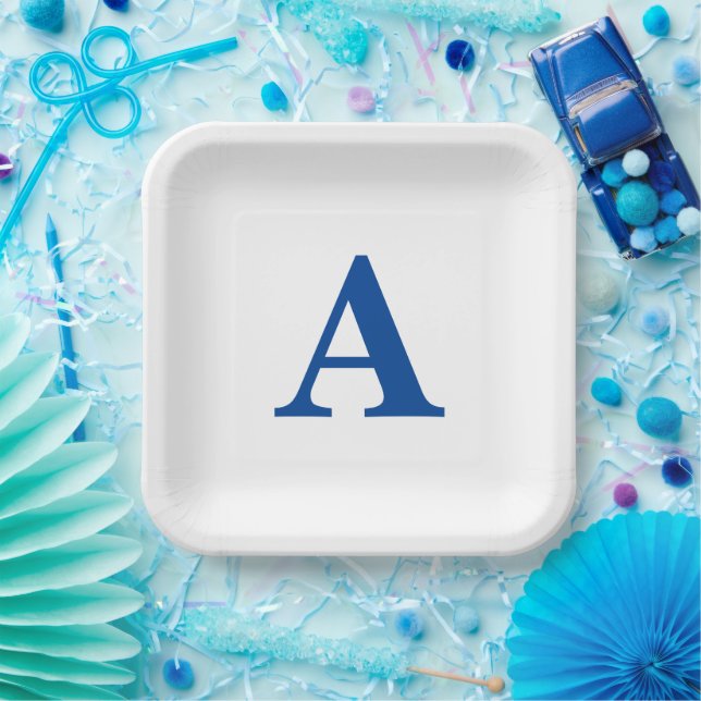Monogram Initial Elegant Custom Name Blue White Paper Plate (Party)