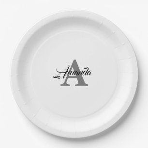 Monogram Initial Elegant Custom Name  Grey White Paper Plate