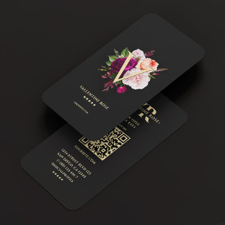Monogram Initial Elegant Floral Rose Black  Business Card
