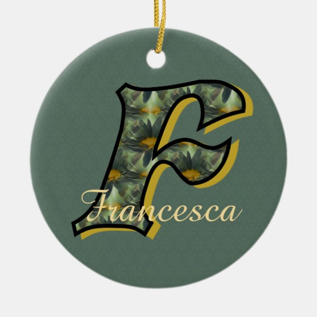 Monogram Initial F Daisies Floral Personalised  Ceramic Ornament (Front)