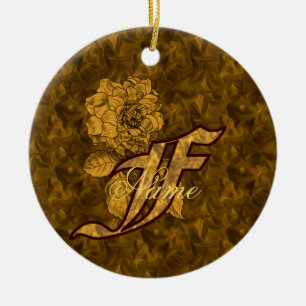 Monogram Initial F Elegant Gold Peony Personalised Ceramic Ornament