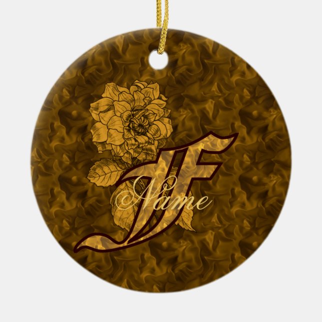 Monogram Initial F Elegant Gold Peony Personalised Ceramic Ornament (Front)