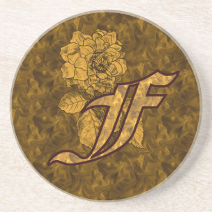 Monogram Initial F Gold Peony Coaster