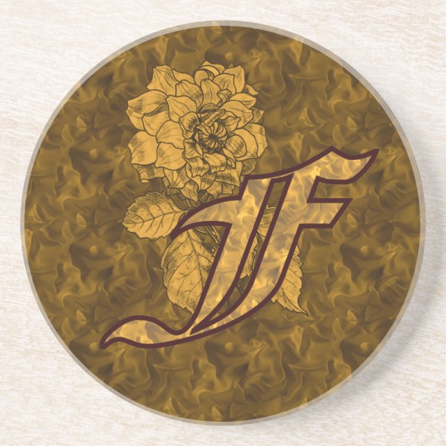 Monogram Initial F Gold Peony  Coaster (Front)
