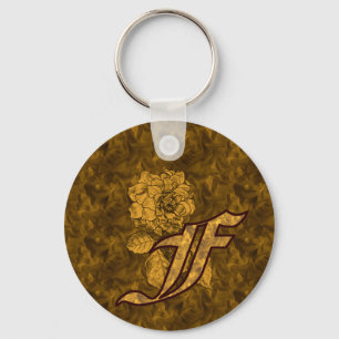 Monogram Initial F Gold Peony Flower  Key Ring