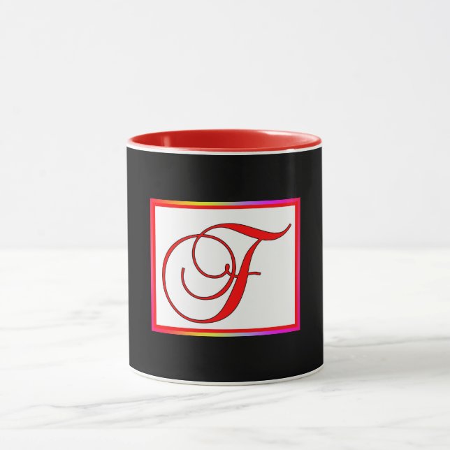 Monogram Initial F White Red Inside Black Outside  Mug (Center)
