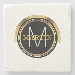 Monogram Initial Family Name Art Deco Black Gold Stone Coaster