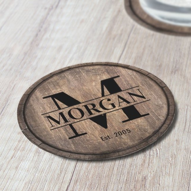 Monogram Initial Family Name Rustic Faux Wooden Round Paper Coaster (Creator Uploaded)