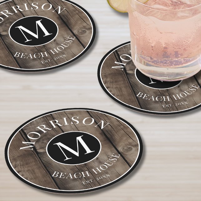 Monogram Initial Family Name Rustic Wood Round Paper Coaster (Monogram Initial Family Name Rustic Wood Round Paper Coaster )
