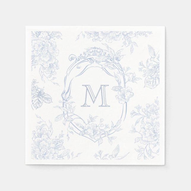 Monogram Initial Floral Blue Toile Wedding Bridal Napkin (Front)