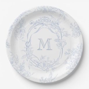 Monogram Initial Floral Blue Toile Wedding Bridal Paper Plate