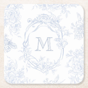Monogram Initial Floral Blue Toile Wedding Bridal Square Paper Coaster