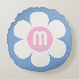 Monogram Initial Flower Power Daisy pink & blue Round Cushion