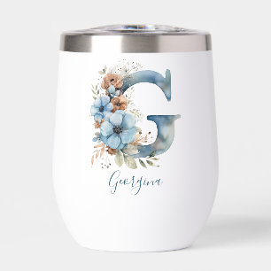 Monogram Initial G Blue Floral Watercolor Gift Her